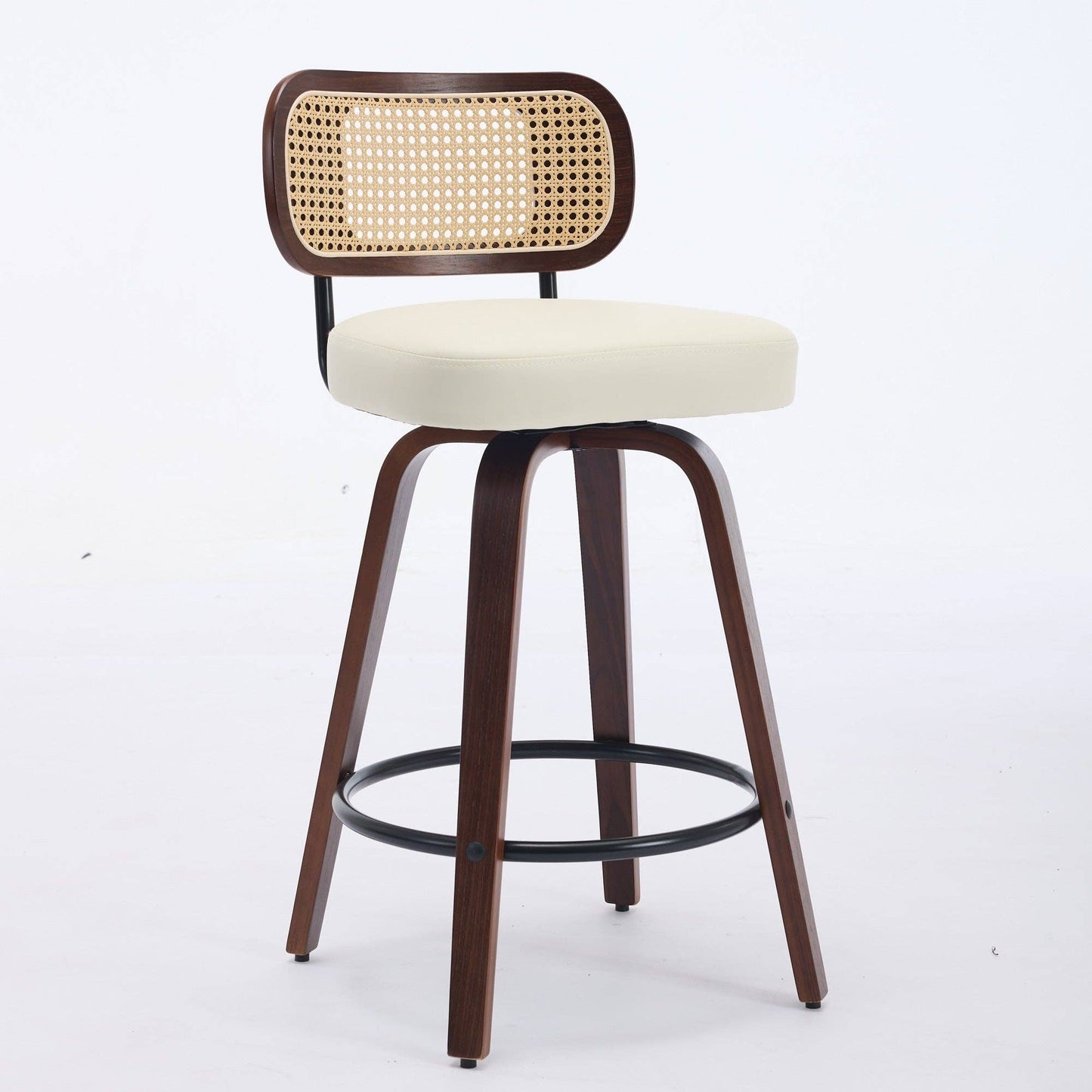 Set of 2 Beige 26 Inch Rattan Back Bar Stools Walnut: Default