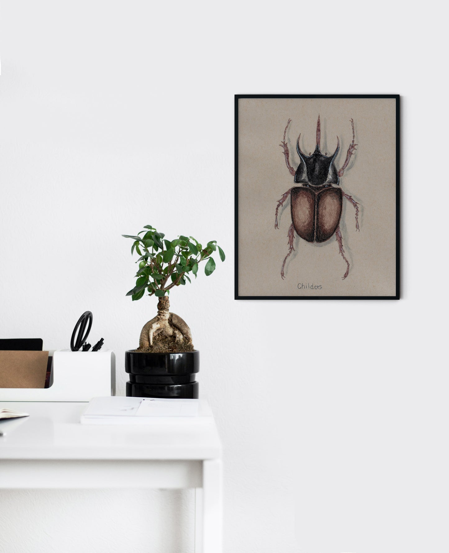 Rhinoceros Beetle Colored Pencil Drawing Print