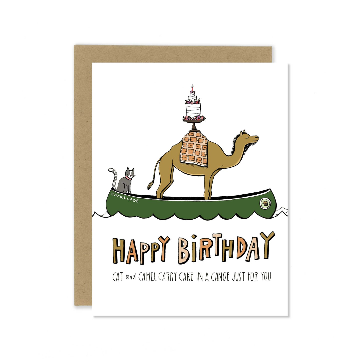 Cat and Camel in a Canoe with Cake Birthday Greeting Card