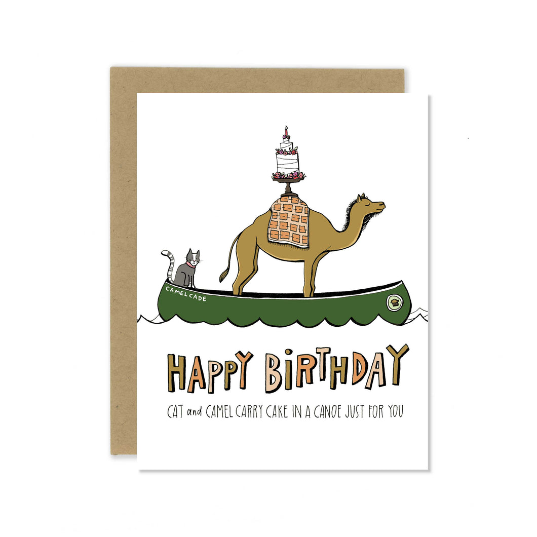 Cat and Camel in a Canoe with Cake Birthday Greeting Card