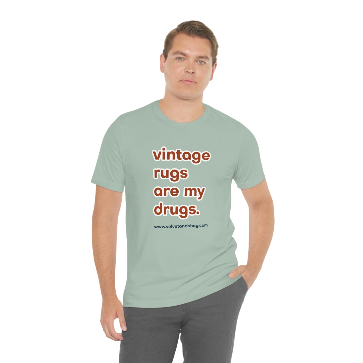 "Vintage Rugs are My Drugs" Unisex Jersey Short Sleeve Tee in Dusty Blue