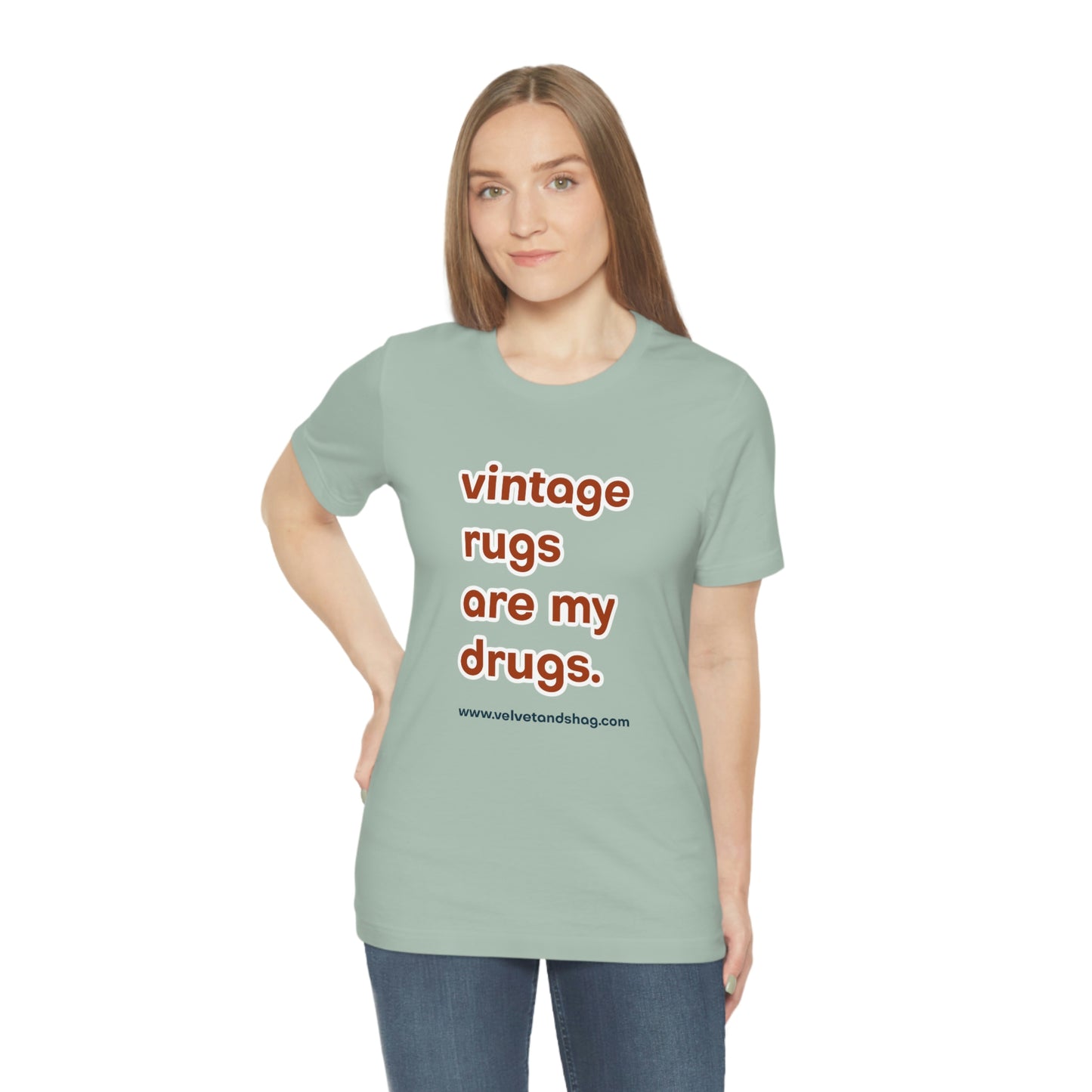 "Vintage Rugs are My Drugs" Unisex Jersey Short Sleeve Tee in Dusty Blue