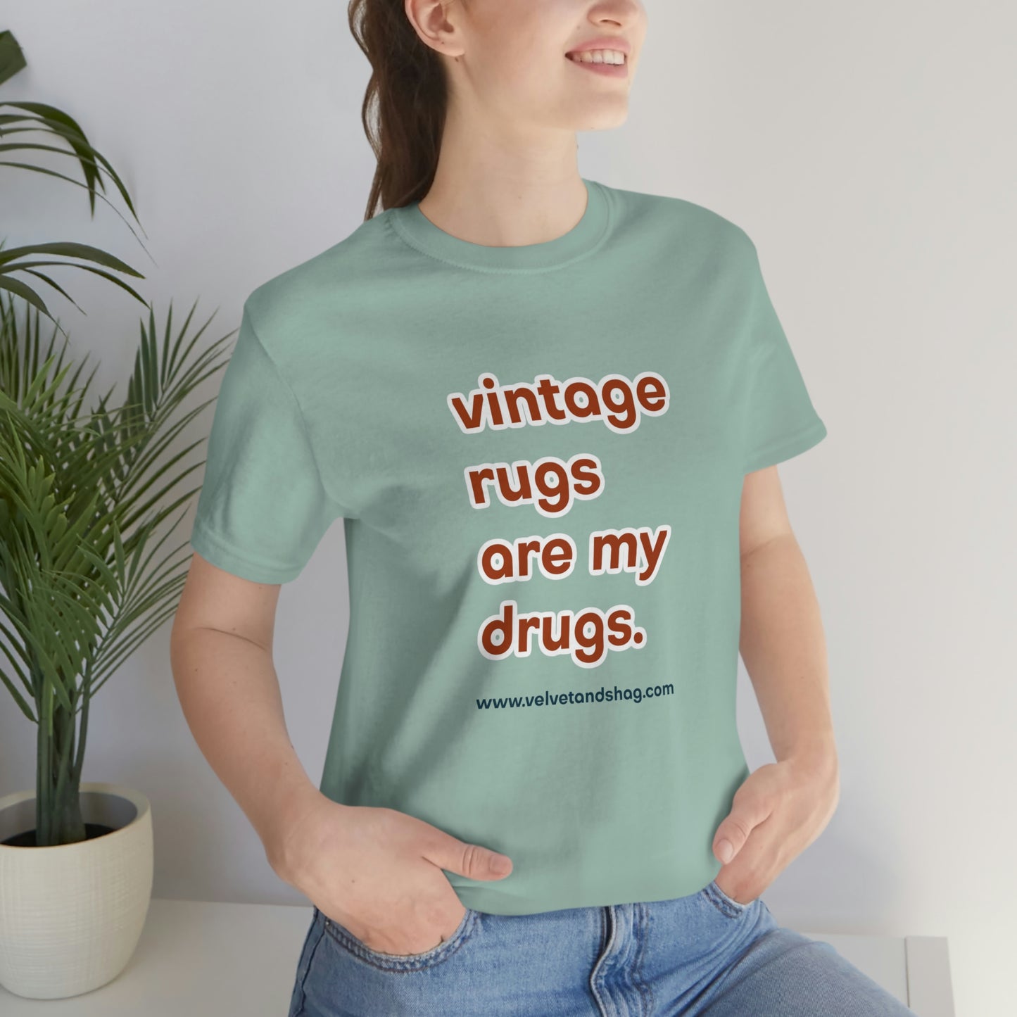 "Vintage Rugs are My Drugs" Unisex Jersey Short Sleeve Tee in Dusty Blue