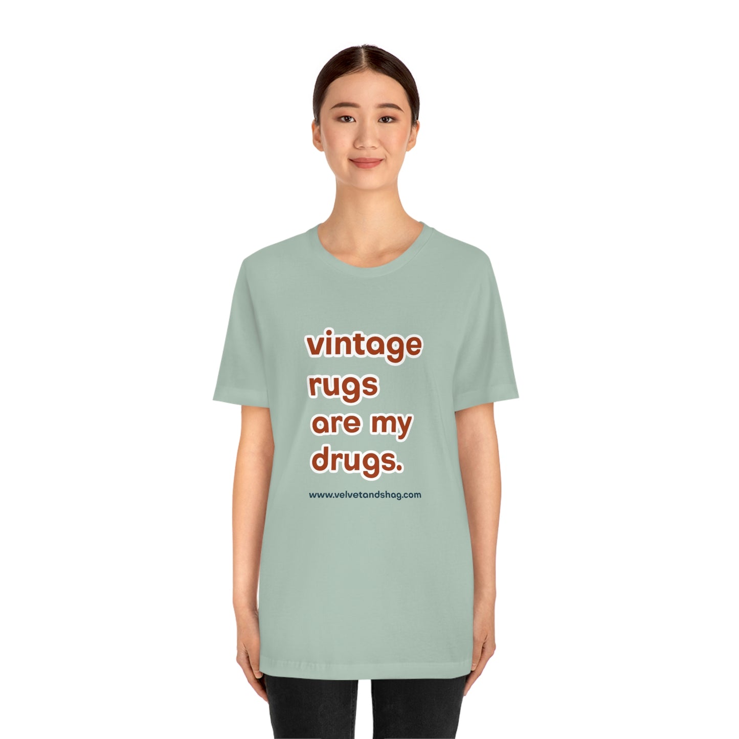 "Vintage Rugs are My Drugs" Unisex Jersey Short Sleeve Tee in Dusty Blue